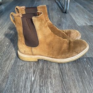 Old pair of suede Frye Chelsea boots with crepe soles.